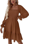 Women's Square Neck Lantern Long Sleeve Shirred Ruffle A Line Flowy Party Mini Dress