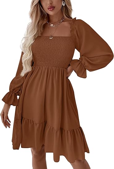 Women's Square Neck Lantern Long Sleeve Shirred Ruffle A Line Flowy Party Mini Dress