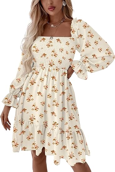 Women's Square Neck Lantern Long Sleeve Shirred Ruffle A Line Flowy Party Mini Dress